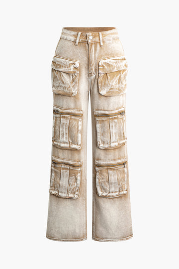 Distressed Pocket Straight Leg Cargo Jeans