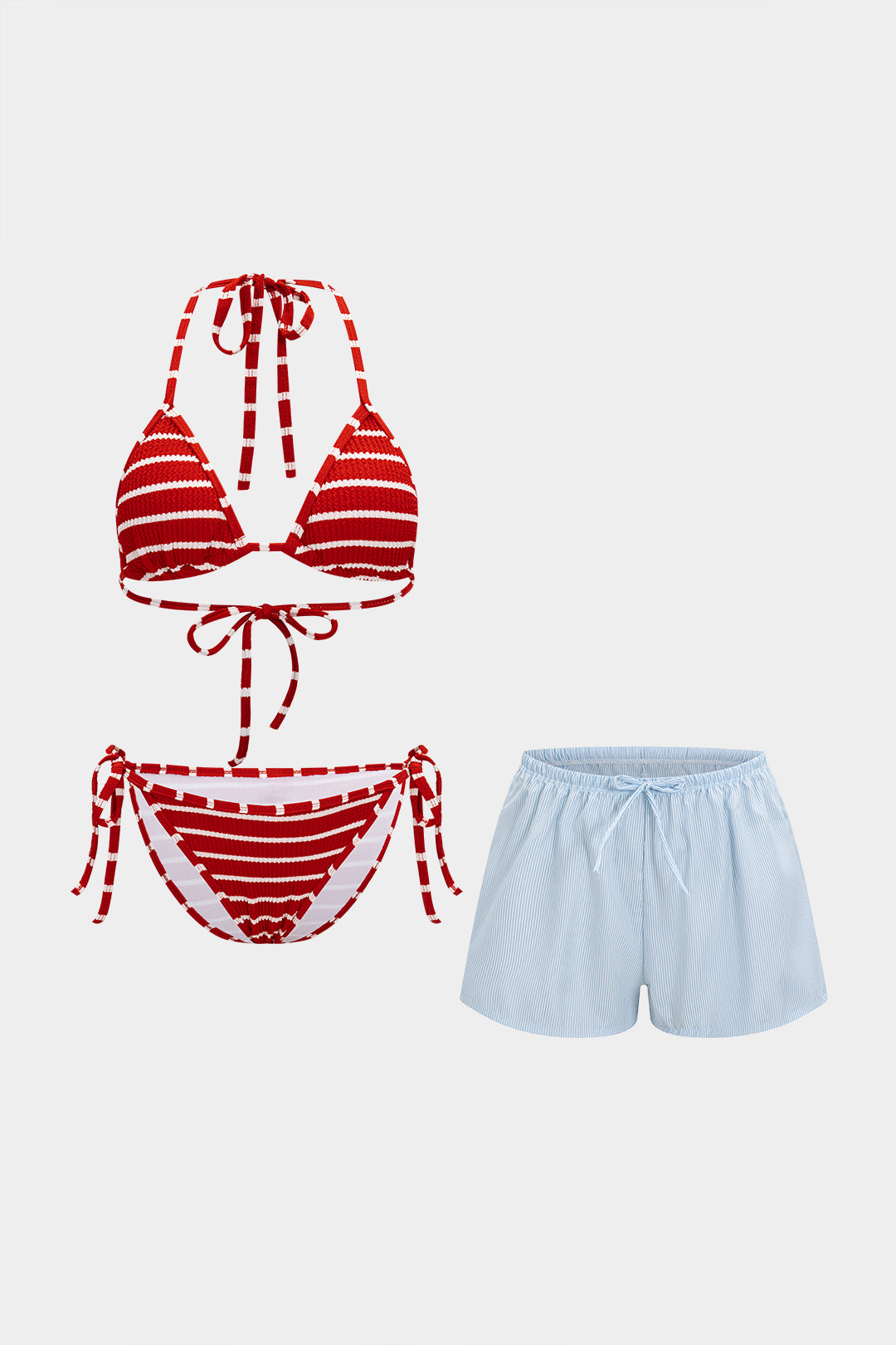 Stripes Print Drawstring Knotted 3-Piece Bikini Set – Micas
