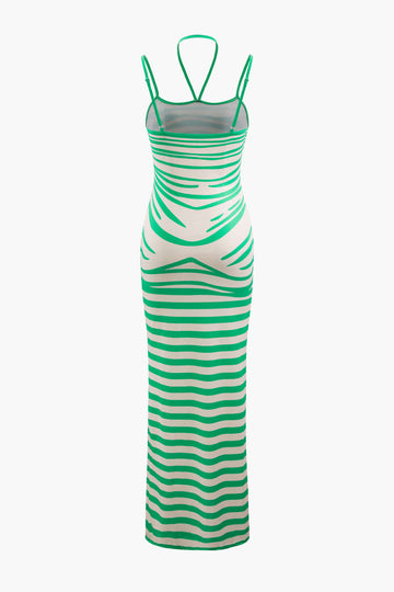 Stripe Print Rib Knit Halter Maxi Dress