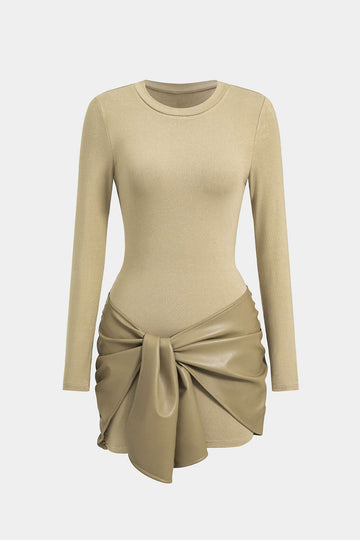 Faux Leather Patchwork Tie Front Round Neck Ruched Mini Dress