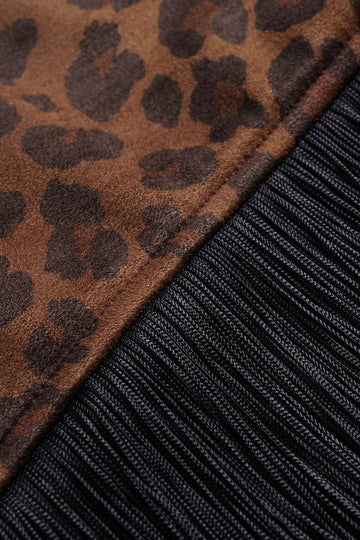 Leopard Print Suede Round Neck Fringe Asymmetrical Maxi Dress