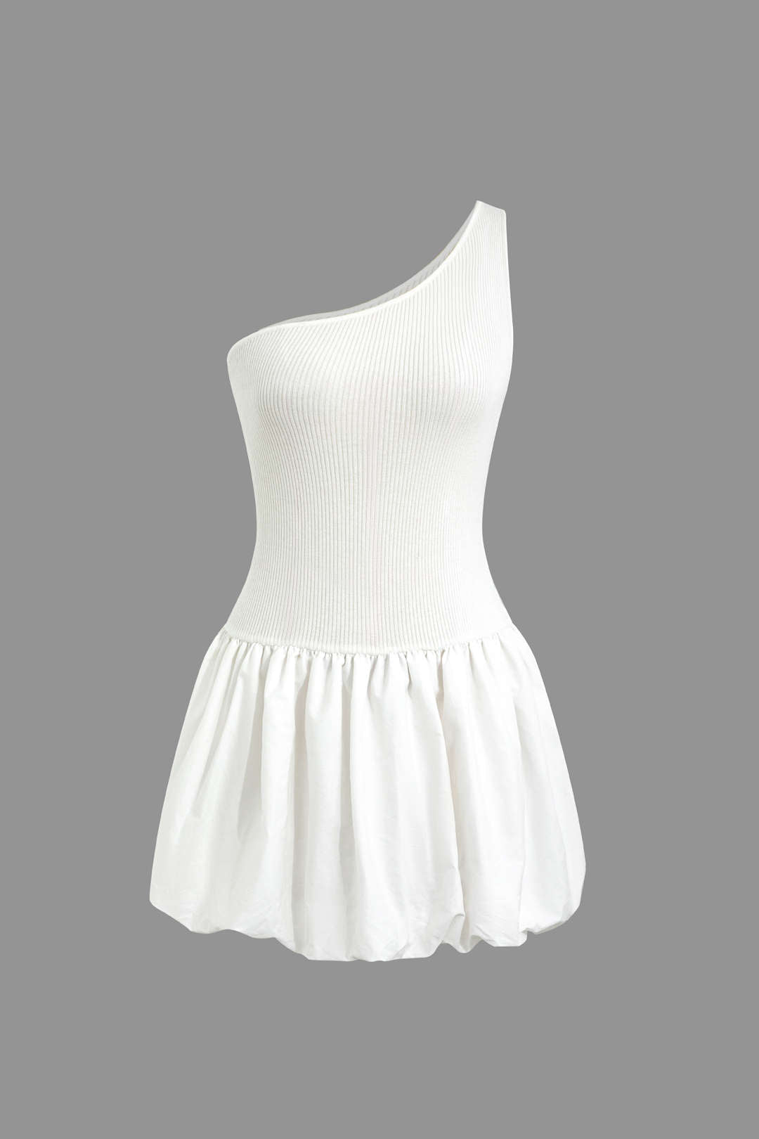 One-Shoulder Ribbed Puff Hem Mini Dress