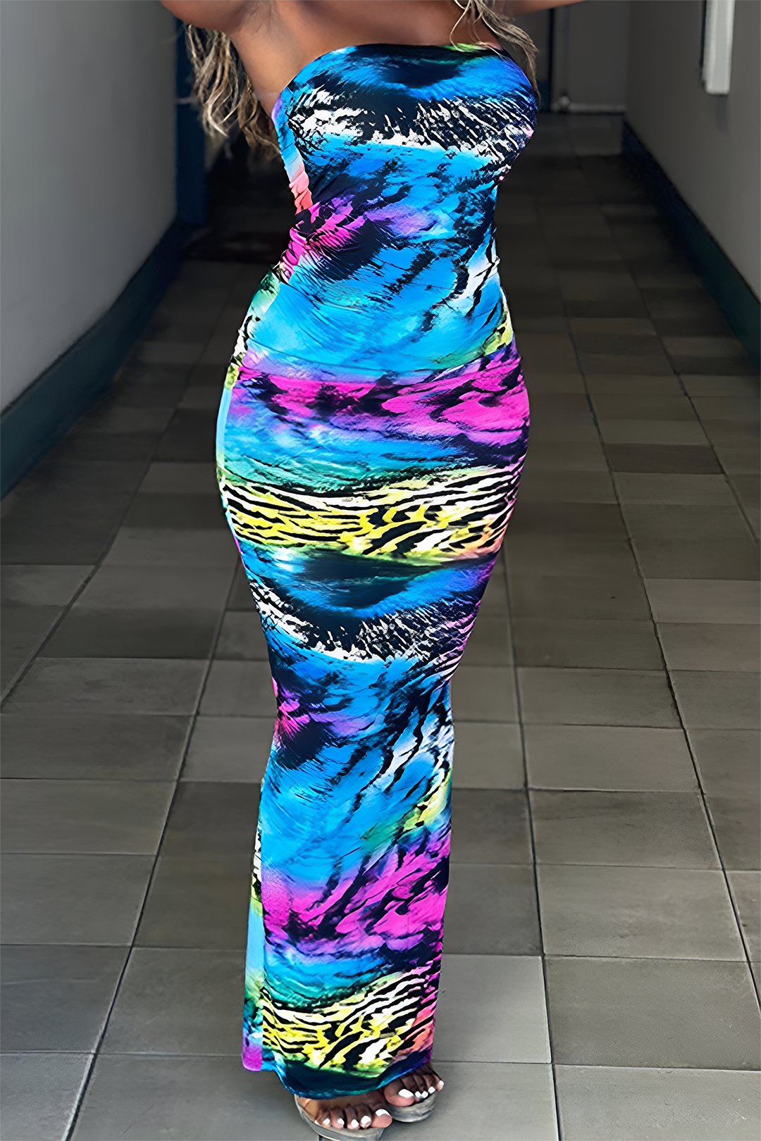 Abstract Print Strapless Maxi Dress
