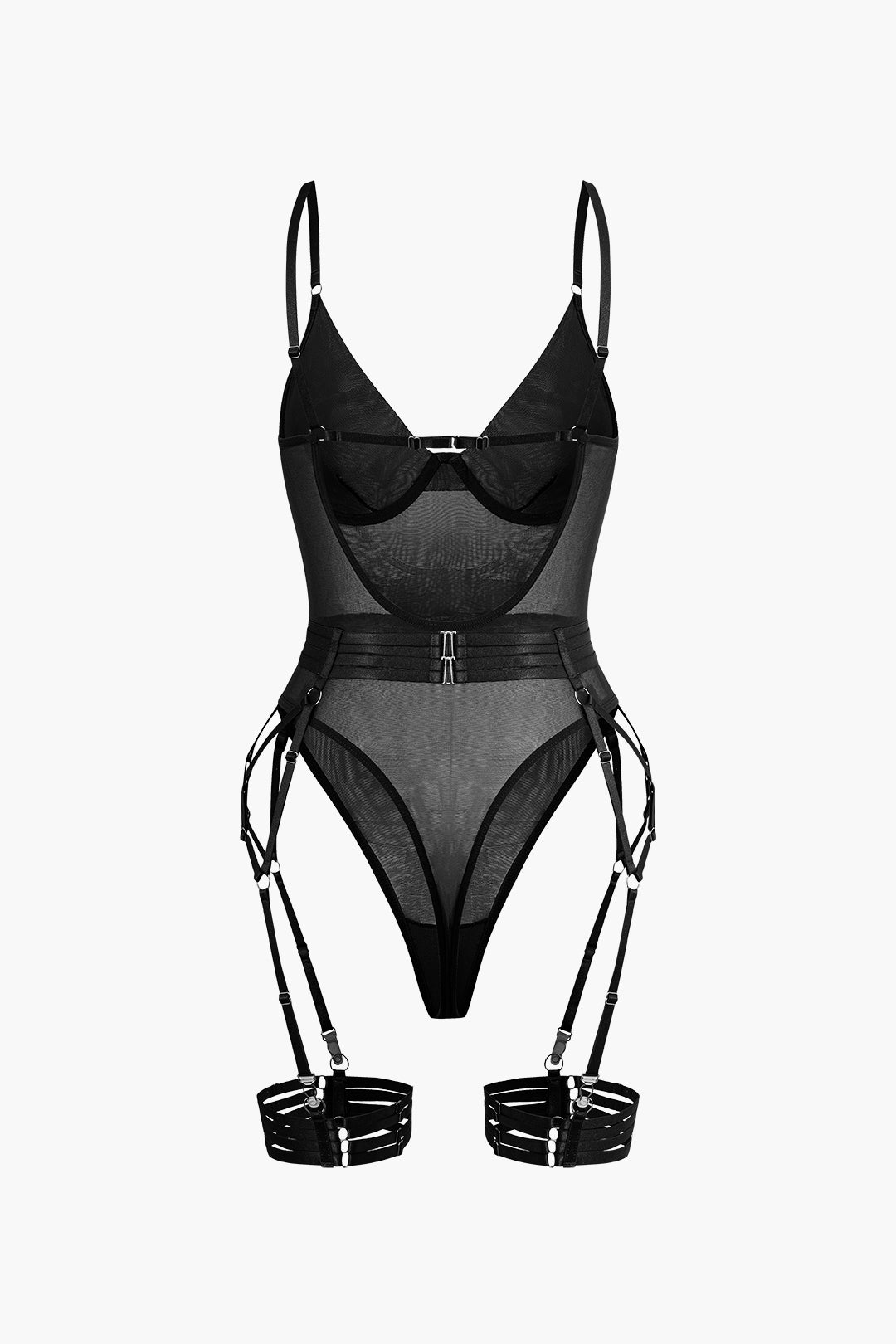 Sheer Mesh Belted Backless Bodysuit With Glove