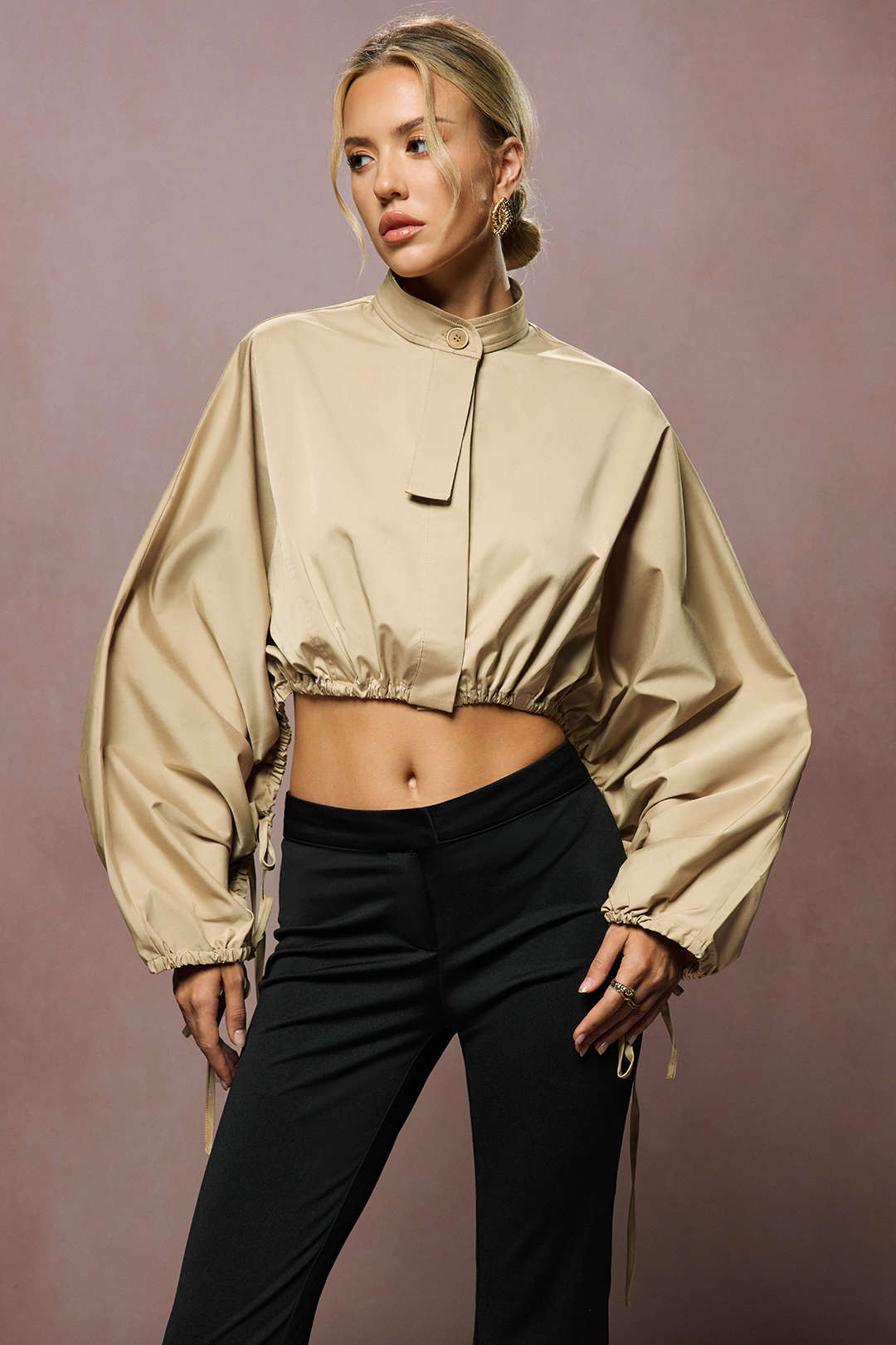 Tie-Up Ruched Long-Sleeve Jacket