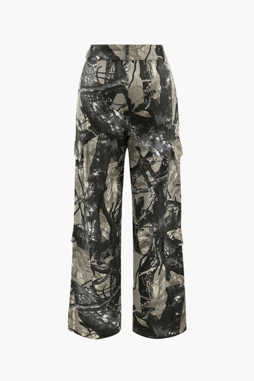 Abstract Print Multi-pocket Straight Leg Cargo Pants