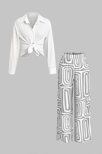 Solid Knot Shirt And Artistic Print Pants Set