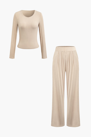 Basic Solid Round Neck Long Sleeve Top And Pleated Straight Leg Pants Set