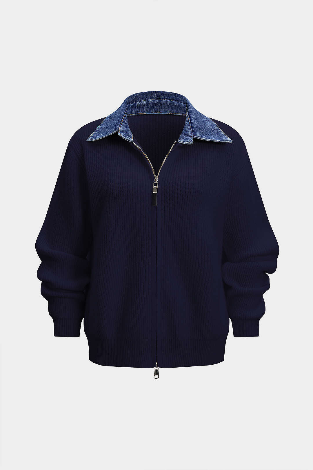 Knit Denim Patchwork Zipper Cardigan