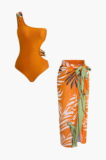 Bead Cut Out One Shoulder Swimsuit And Leaves Print Wrap Skirt Set