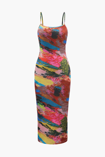 Abstract Print Back Slit Midi Dress