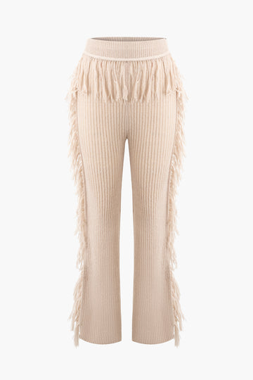 Fringe Detail Long Sleeve Knit Sweater And Knit Pants Set