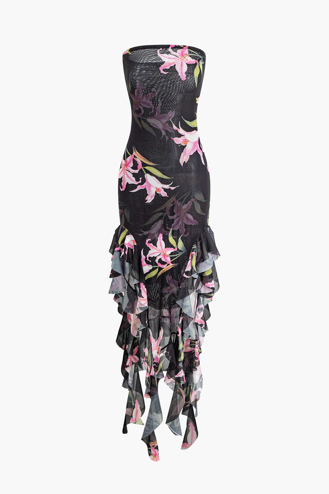 Floral Print Mesh Ruffle Layered Strapless Midi Dress