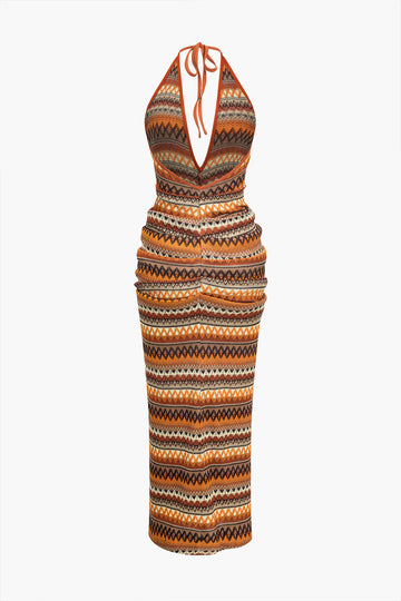 Zigzag Stripe Halter Backless Knit Maxi Dress