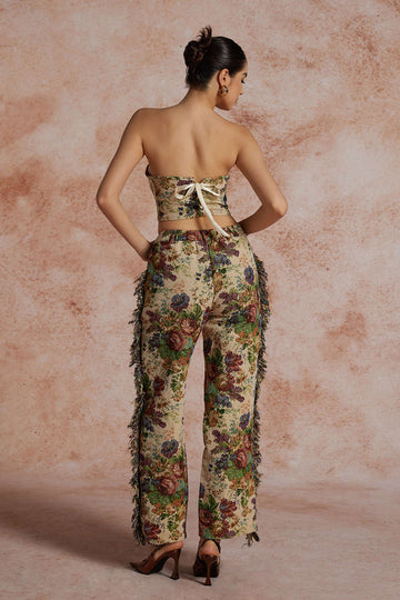 Floral Print Fringe Tie Back Tube Top And Button Pocket Trouser Set