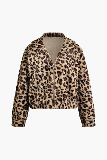 Leopard Pattern Fleece Collared Zipper Coat