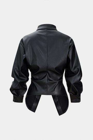 Faux Leather Ruched Button Asymmetrical Shirt