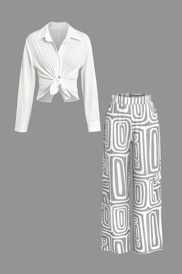 Solid Knot Shirt And Artistic Print Pants Set