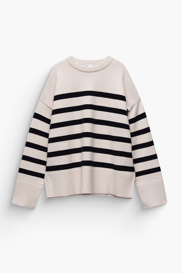 Round Neck Contrast Stripe Long Sleeve Knit Top
