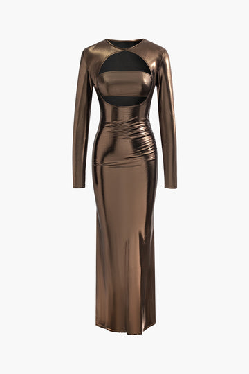 Metallic Cut Out Ruched Long Sleeve Maxi Dress