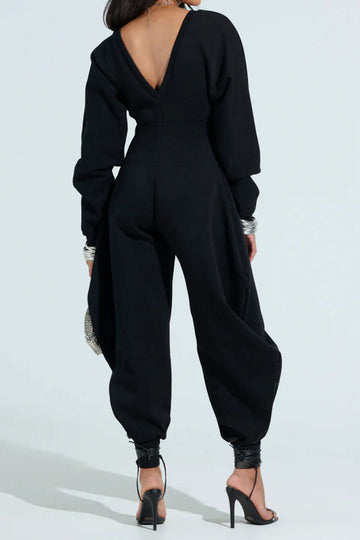 Solid High Waist Long Sleeve Jumpsuit