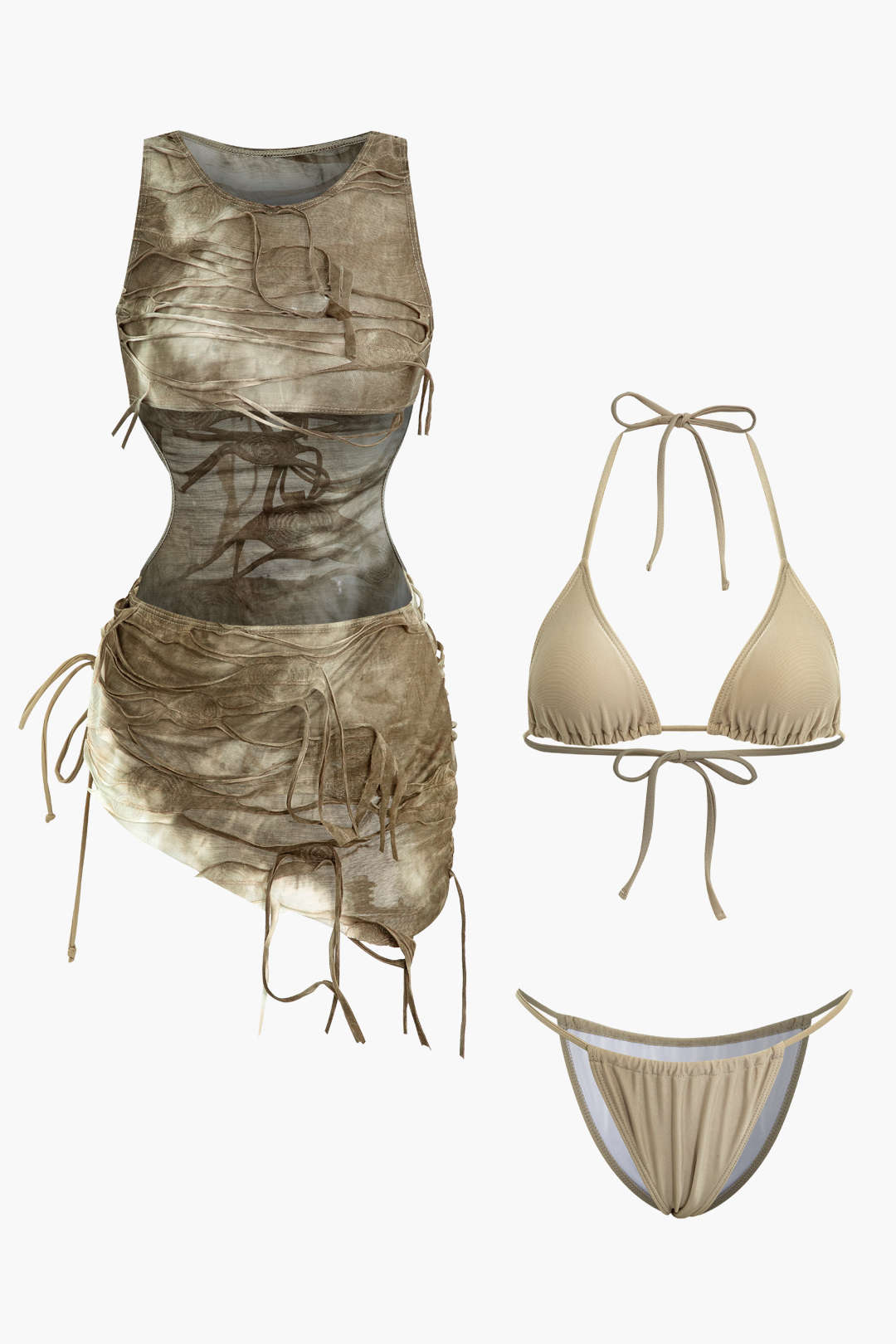 Halter Bikini And Tie Dye Cover Up Sarong 3-pcs Set