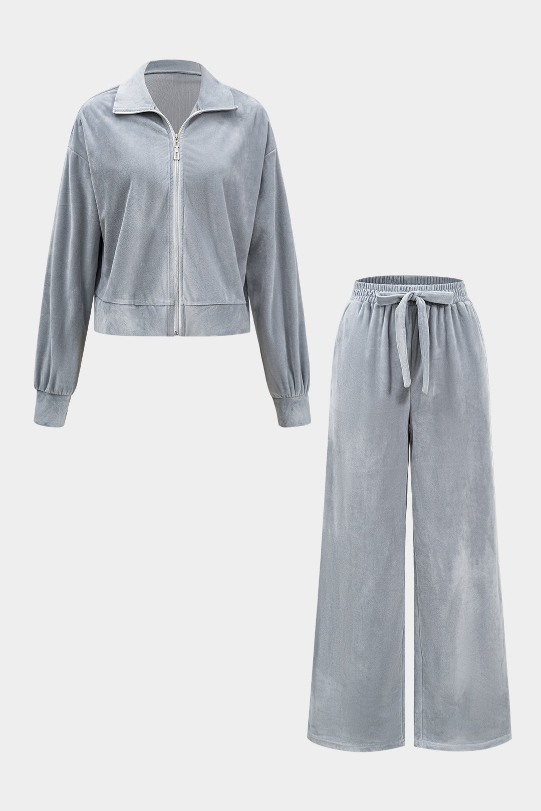 Velvet Zipper Top και Wide Pants Set Set