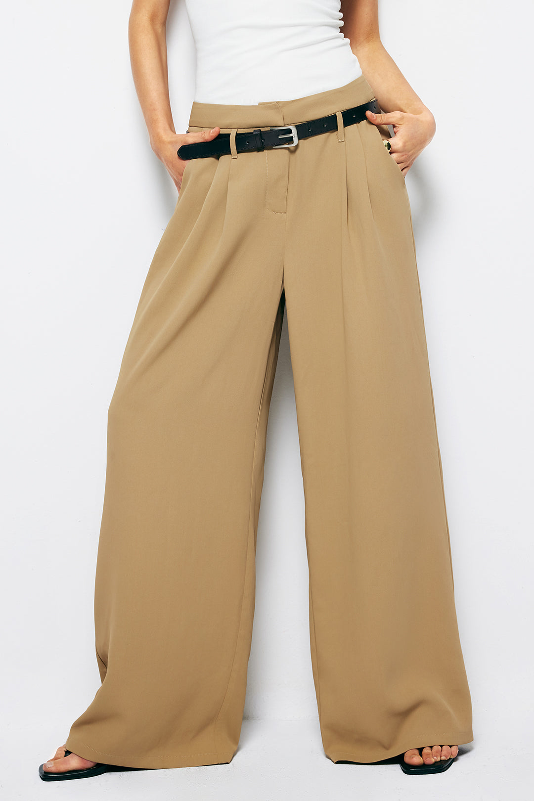 Pleated Wide Leg Pants With Belt