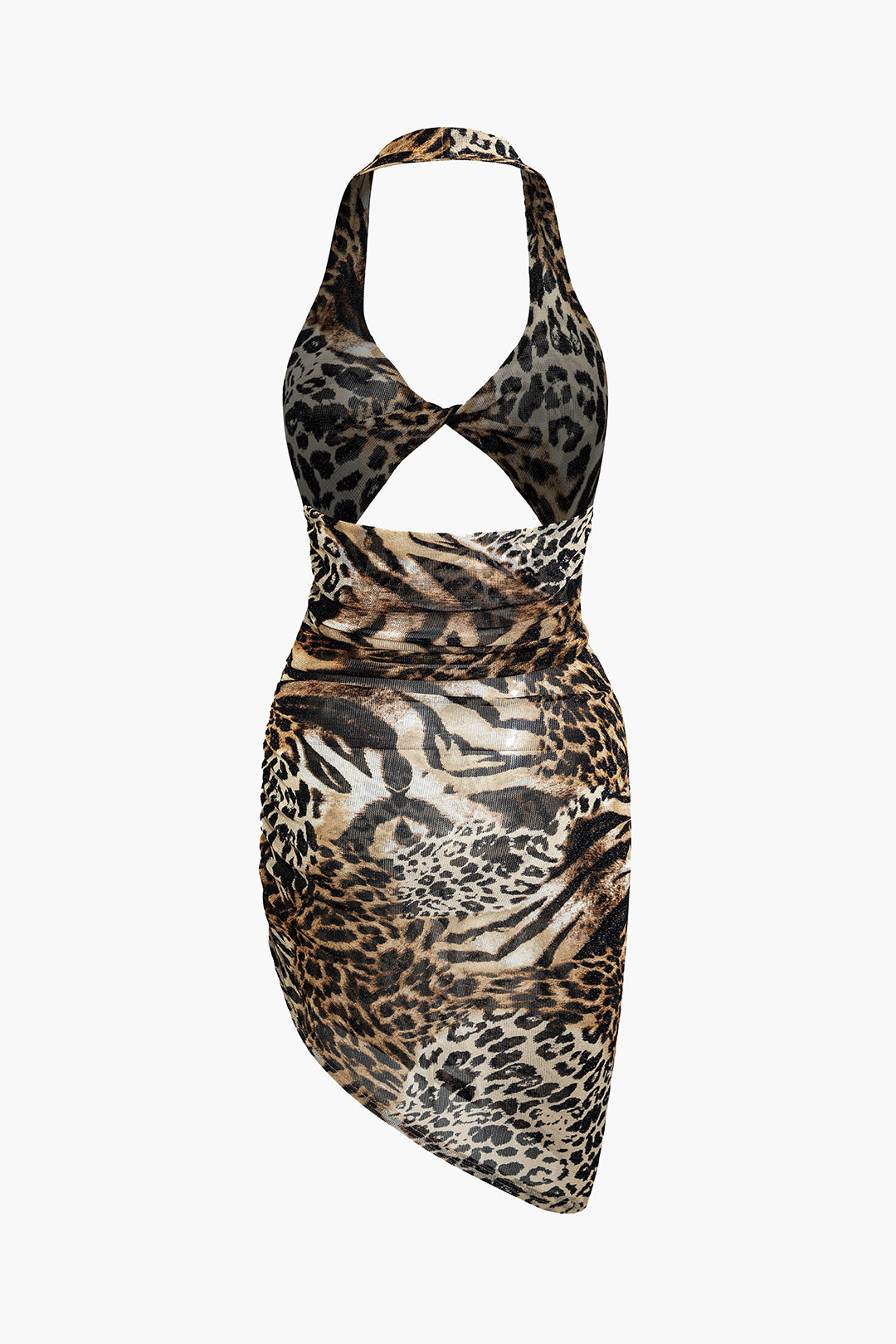 Leopard Print Twist Halter Backless Midi Dress