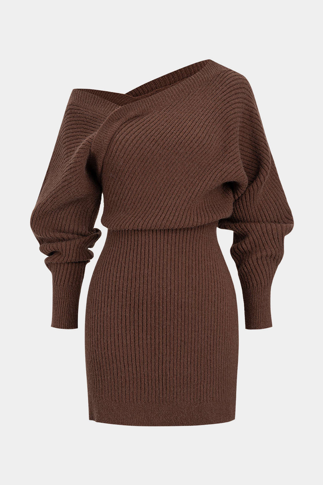 Knit Asymmetrical Neck Ribbed Long Sleeve Dress