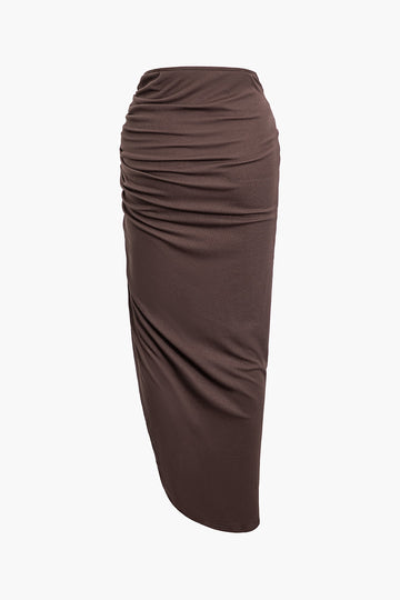Bead Detail Cut Out Ruched Split Maxi Skirt