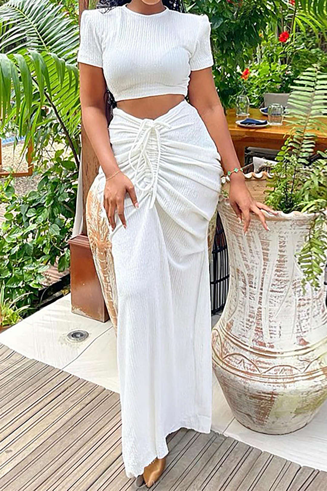 Solid Crop T-shirt And Ruched Drawstring Split Maxi Skirt Set