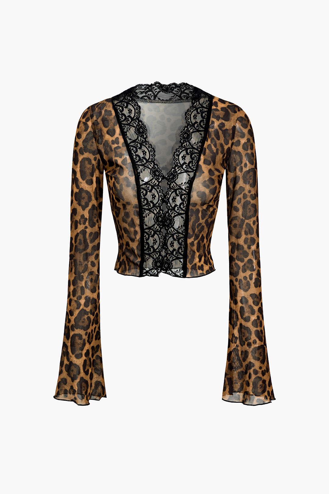 Leopard Print Mesh Lace Long-Sleeve Shirt