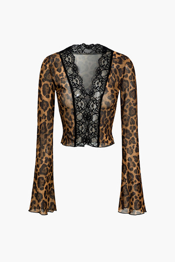 Leopard Print Mesh Lace Long-Sleeve Blouse