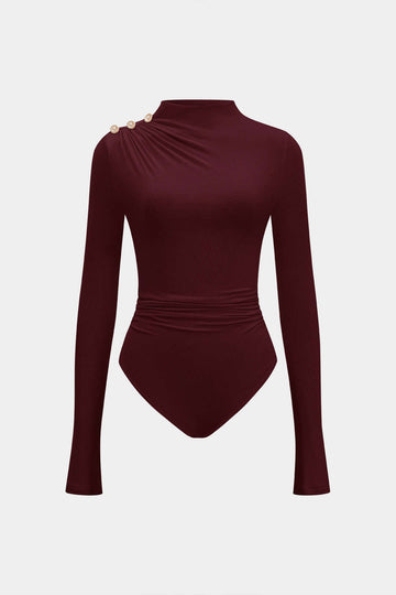 Asymmetrical Button Ruched Long Sleeve Bodysuit