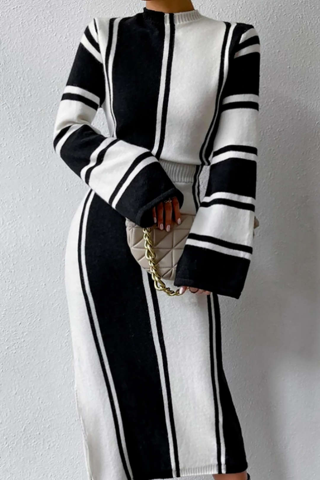 Stripe Mock Neck Knit Midi Dress