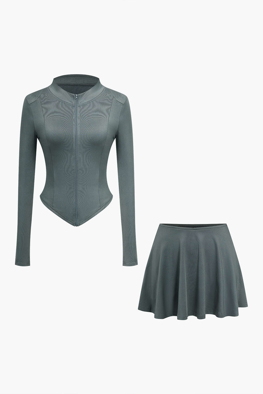 Basic Solid Zipper Long Sleeve Top And Ruched Mini Skirt Workout Set