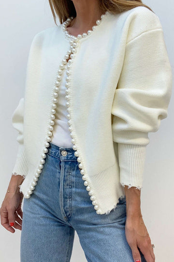 Pearl Trim Long Sleeve Knit Cardigan
