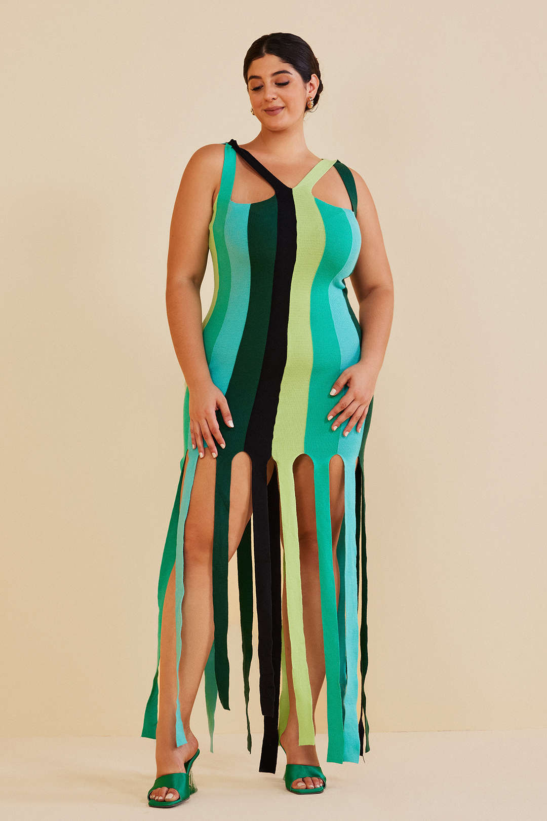 Plus Size Colorblock Stripe Fringe Hem Sleeveless Knit Dress
