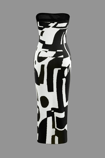 Geometric Pattern Strapless Knit Maxi Dress