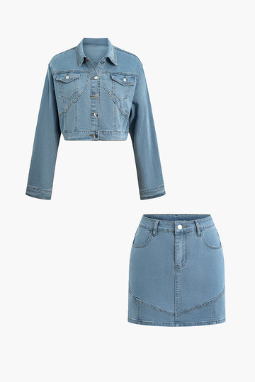 Collared Flap Pocket Denim Crop Jacket And Mini Skirt Set