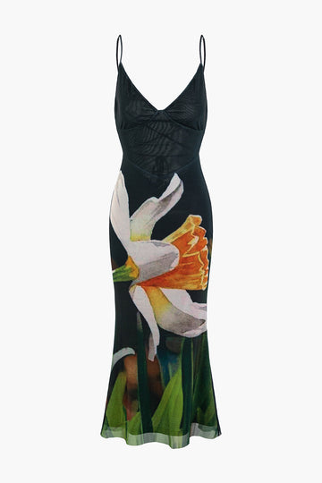 Floral Print Crisscross Back Mesh Slip Midi Dress
