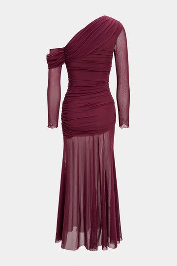 Mesh Patchwork Ruched Long Sleeve Maxi Dress