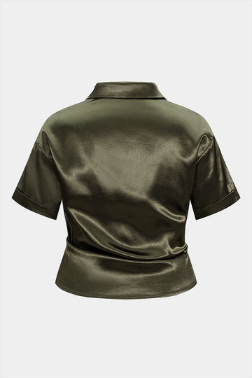 Plus Size Satin Button Draped Cowl Neck Short-Sleeve Top