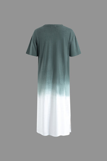 Ombre Round Neck Short Sleeve Midi T-shirt Dress