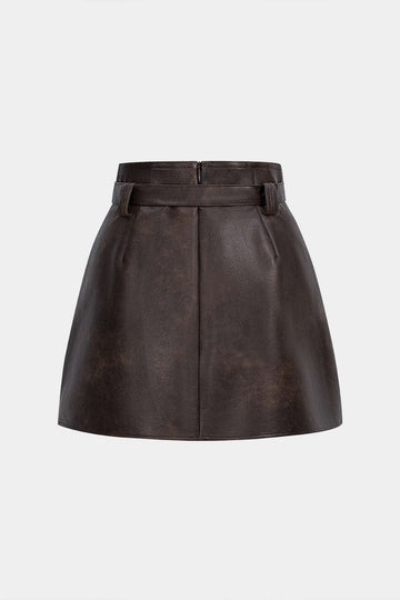 Faux Leather Pocket Belted Skirt