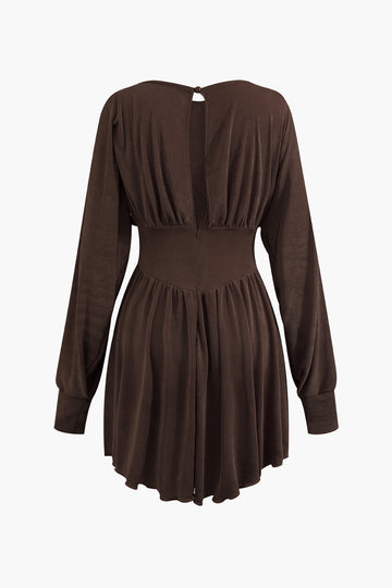 Round Neck Cut Out Pleated Long Sleeve Mini Dress
