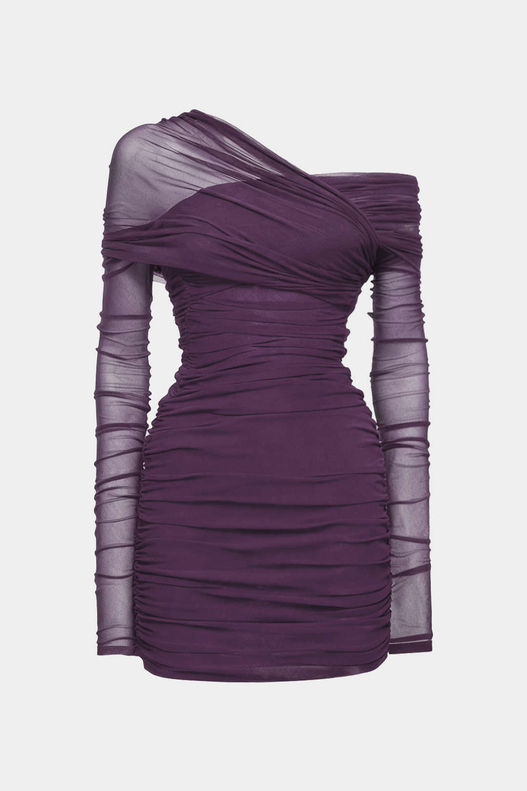 Sheer Mesh One Shoulder Long Sleeve Ruched Mini Dress Micas Sheer Mesh One Shoulder Long Sleeve Ruched Mini Dress Micas