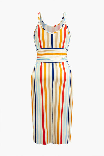 Plus Size Striped Slip Maxi Dress With Waist Tie