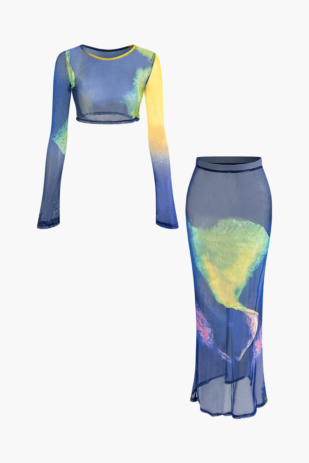 Abstract Print Mesh Crop Top And High Waist Slit Maxi Skirt Set